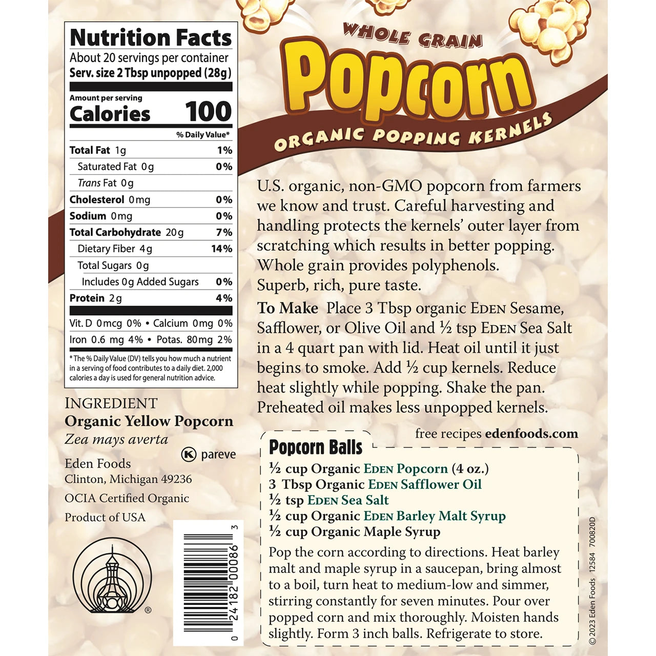 Eden Organic Popping Kernels Popcorn 566g