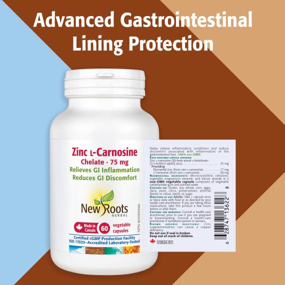 New Roots Zinc L-Carnosine Chelate 75mg 60 Vegetarian Capsules