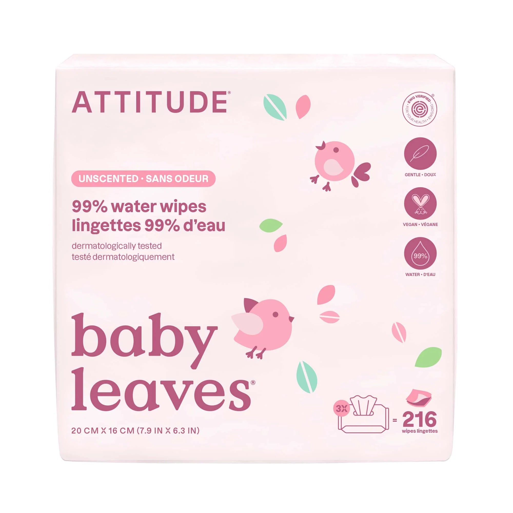Attitude Baby Leaves Unscented Baby Wipes Biodegradable Refill Pack 3x 72ct