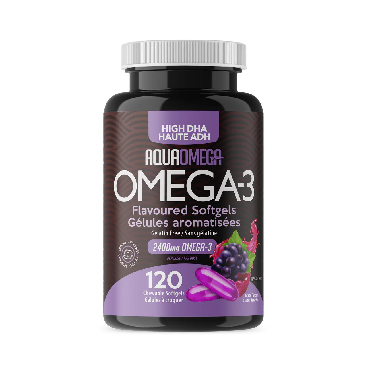 AquaOmega High DHA Omega-3 120 Chewable Softgels Grape