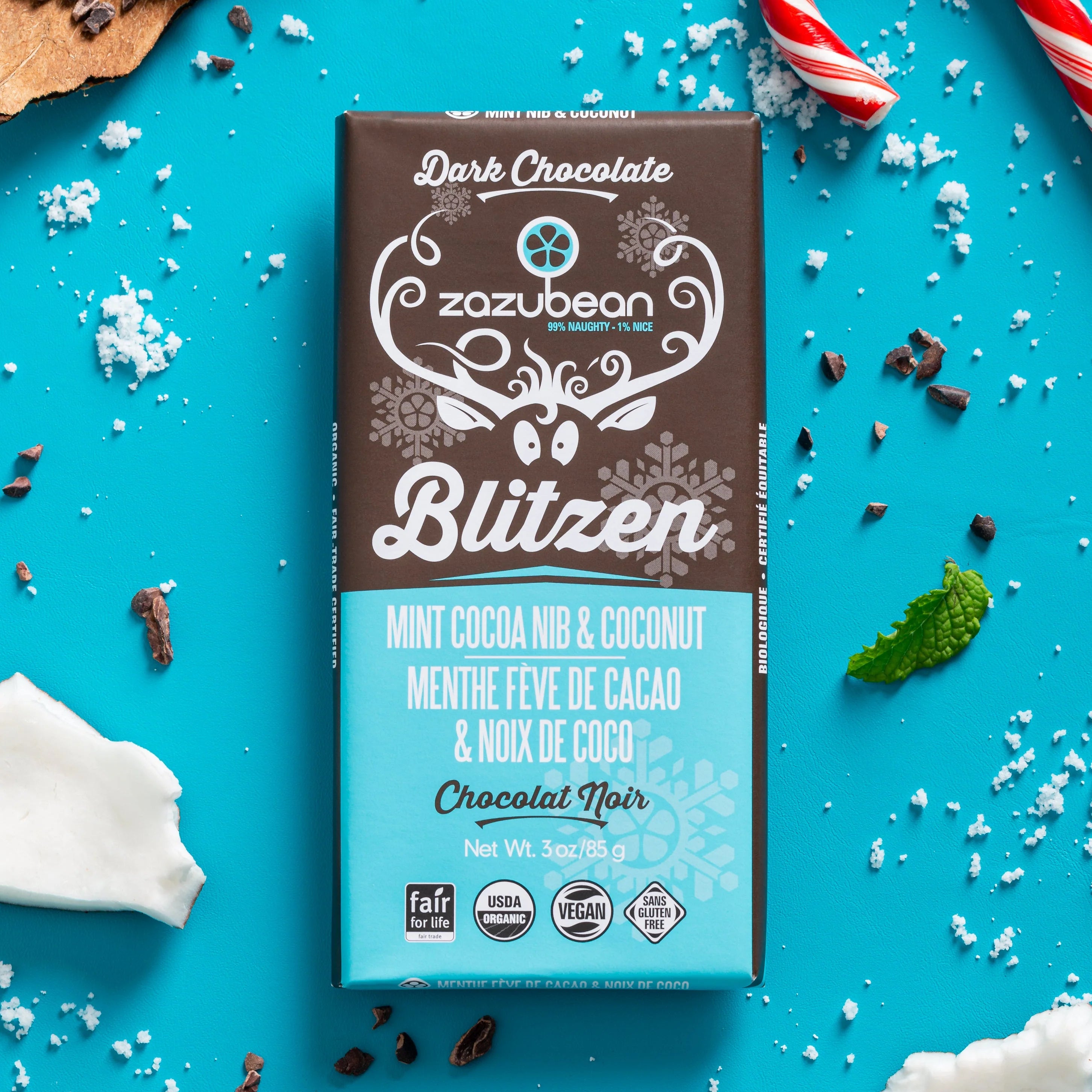 Zazubean Blitzen Mint Coca Nib & Coconut Chocolate 85g