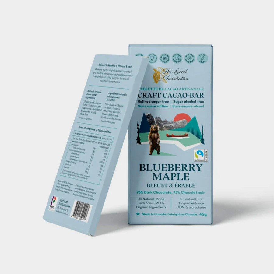 The Good Chocolatier Blueberry Maple 75% Dark Chocolate Bar 45g