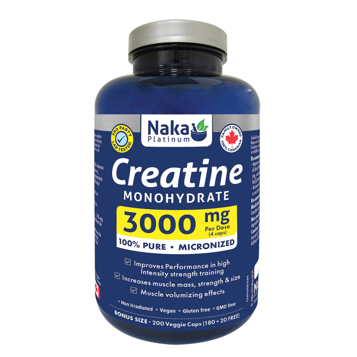 NAKA Platinum Creatine Monohydrate 3000mg 200 Vegetarian Capsules