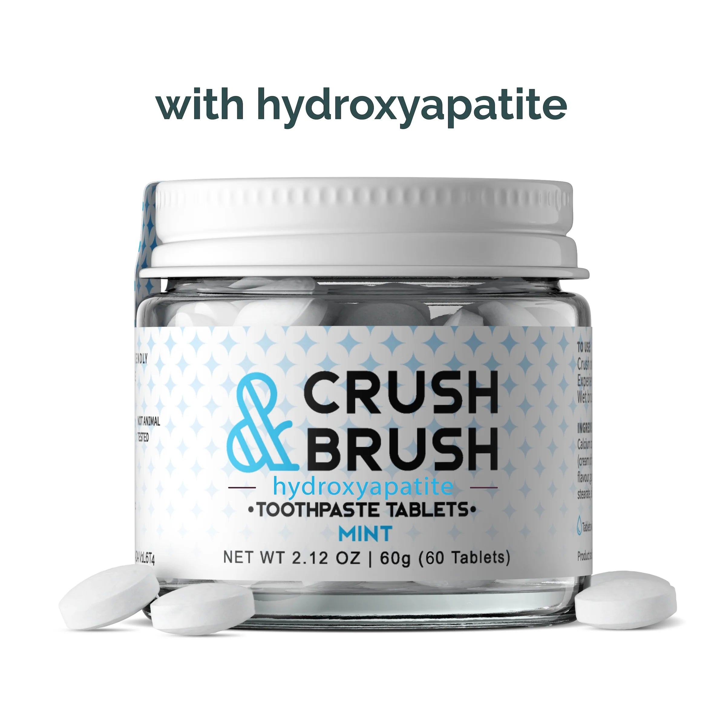 Nelson Naturals Crush & Brush Mint Hydroxyapatite Toothpaste Tablets Glass Jar 65 Tablets