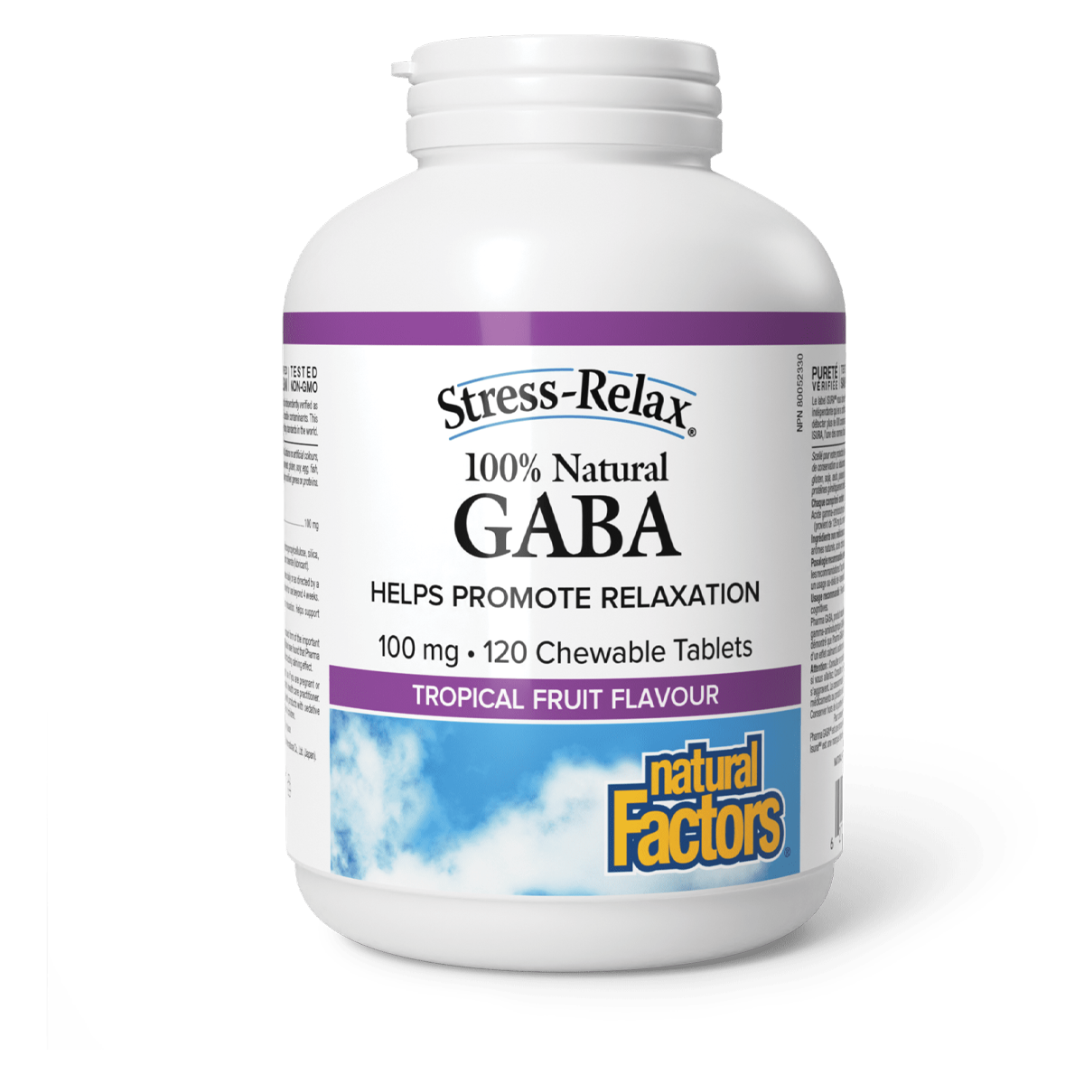 Natural Factors Stress-Relax 100% Natural GABA 100mg 120 Chewable Tablets Tropical Fruit