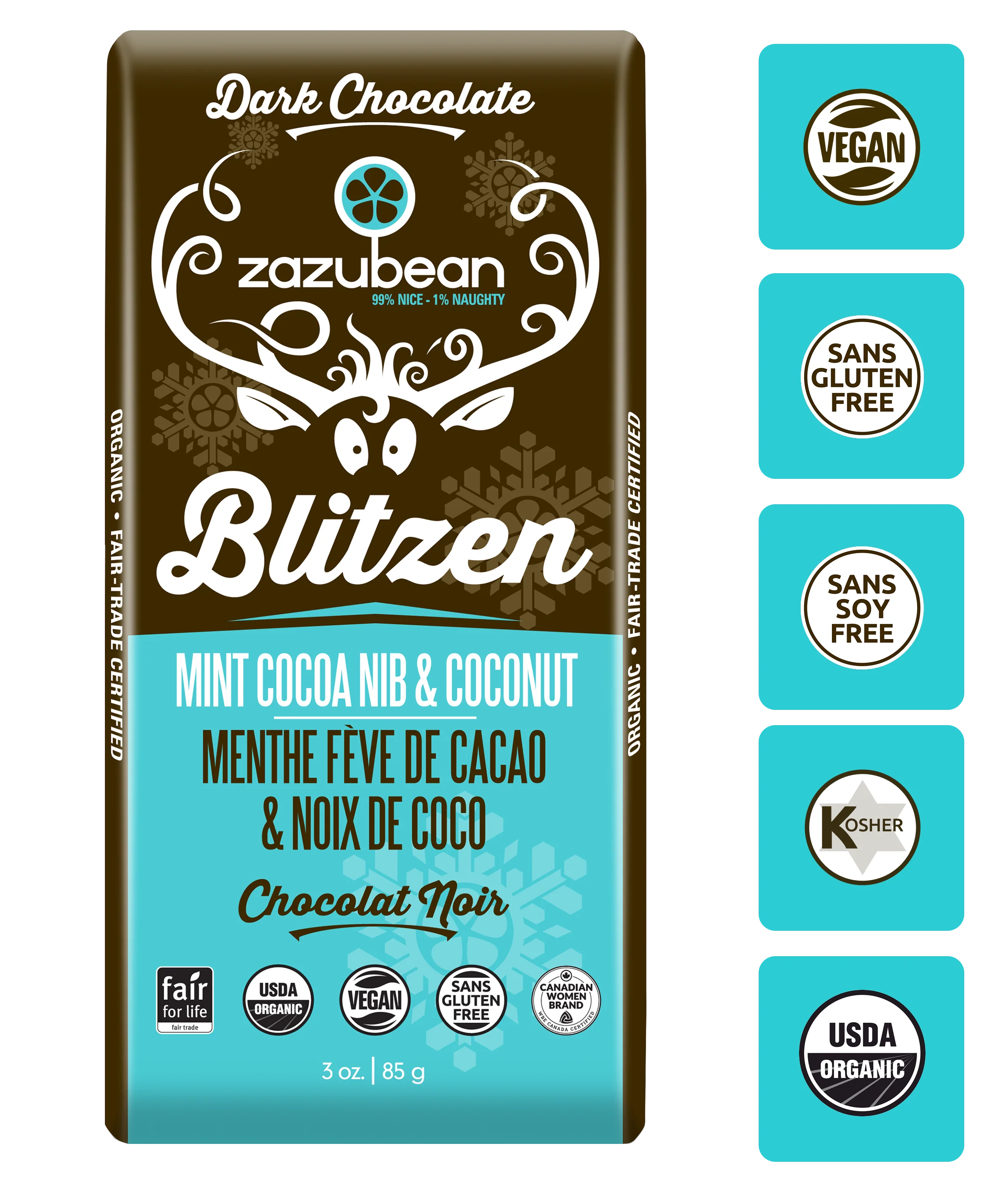 Zazubean Blitzen Mint Coca Nib & Coconut Chocolate 85g