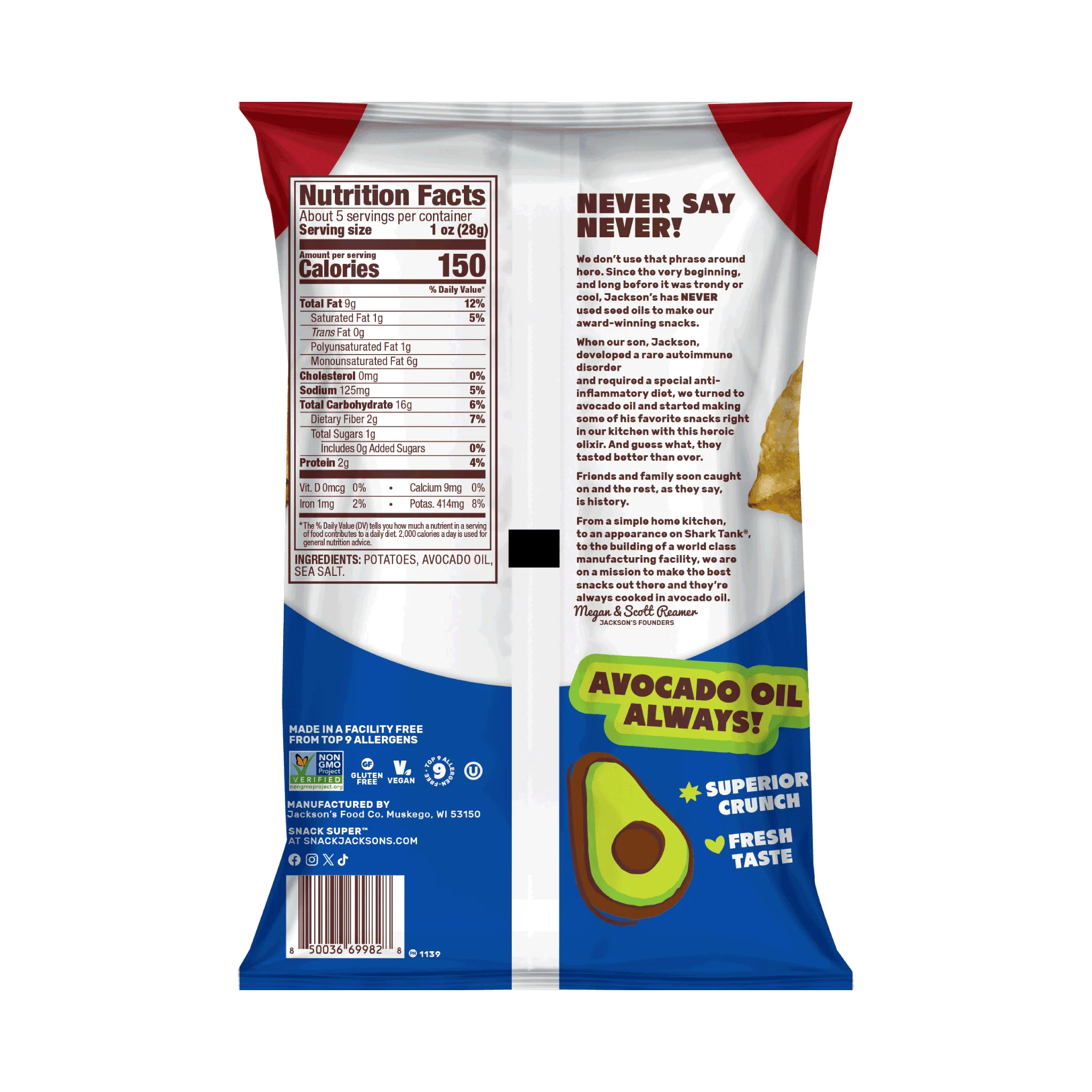 Jackson's Avocado Oil Kettle Cooked Potato Chips Sea Salt 142g