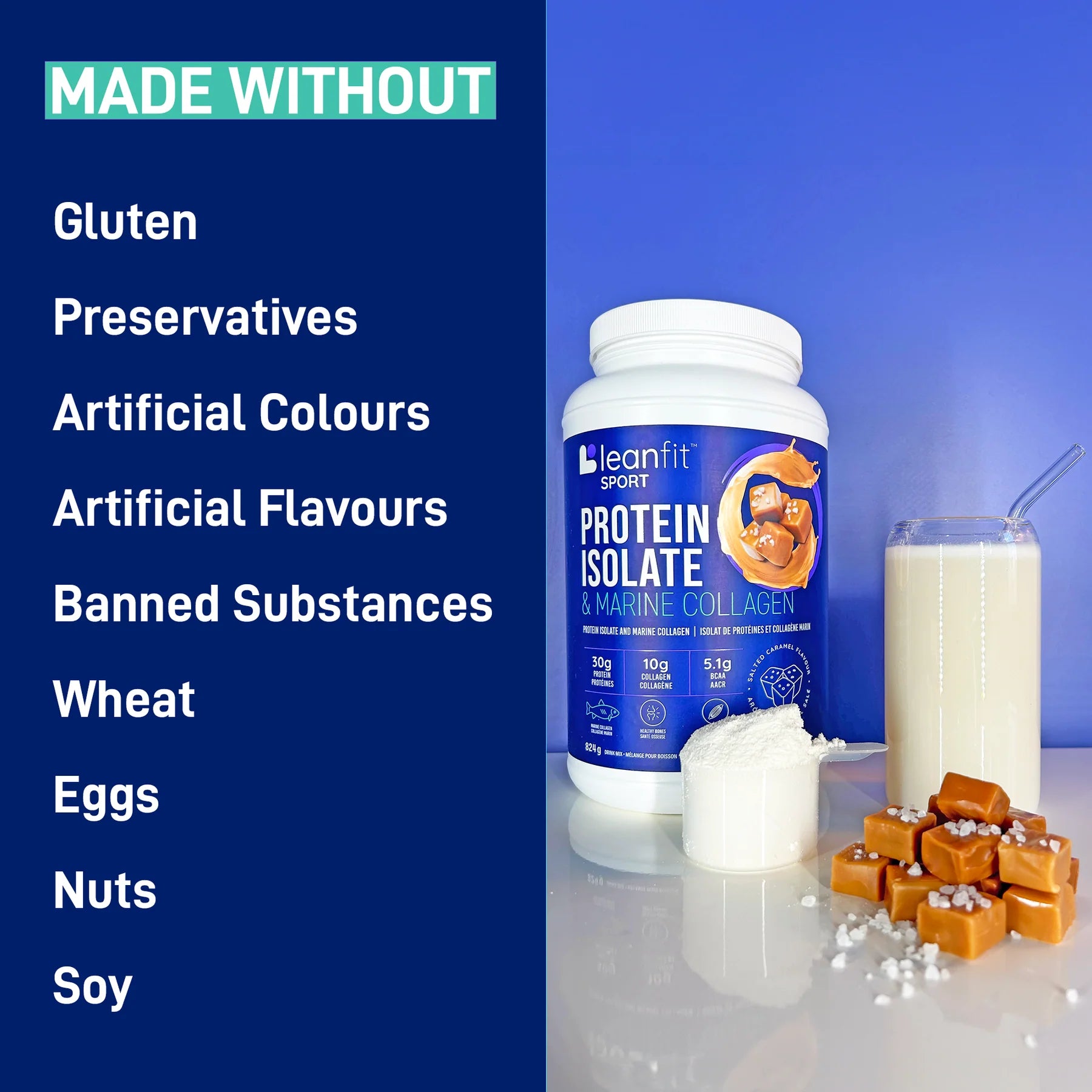 LeanFit Sport Grass-Fed Whey Isolate & Marine Collagen Salted Caramel 824g