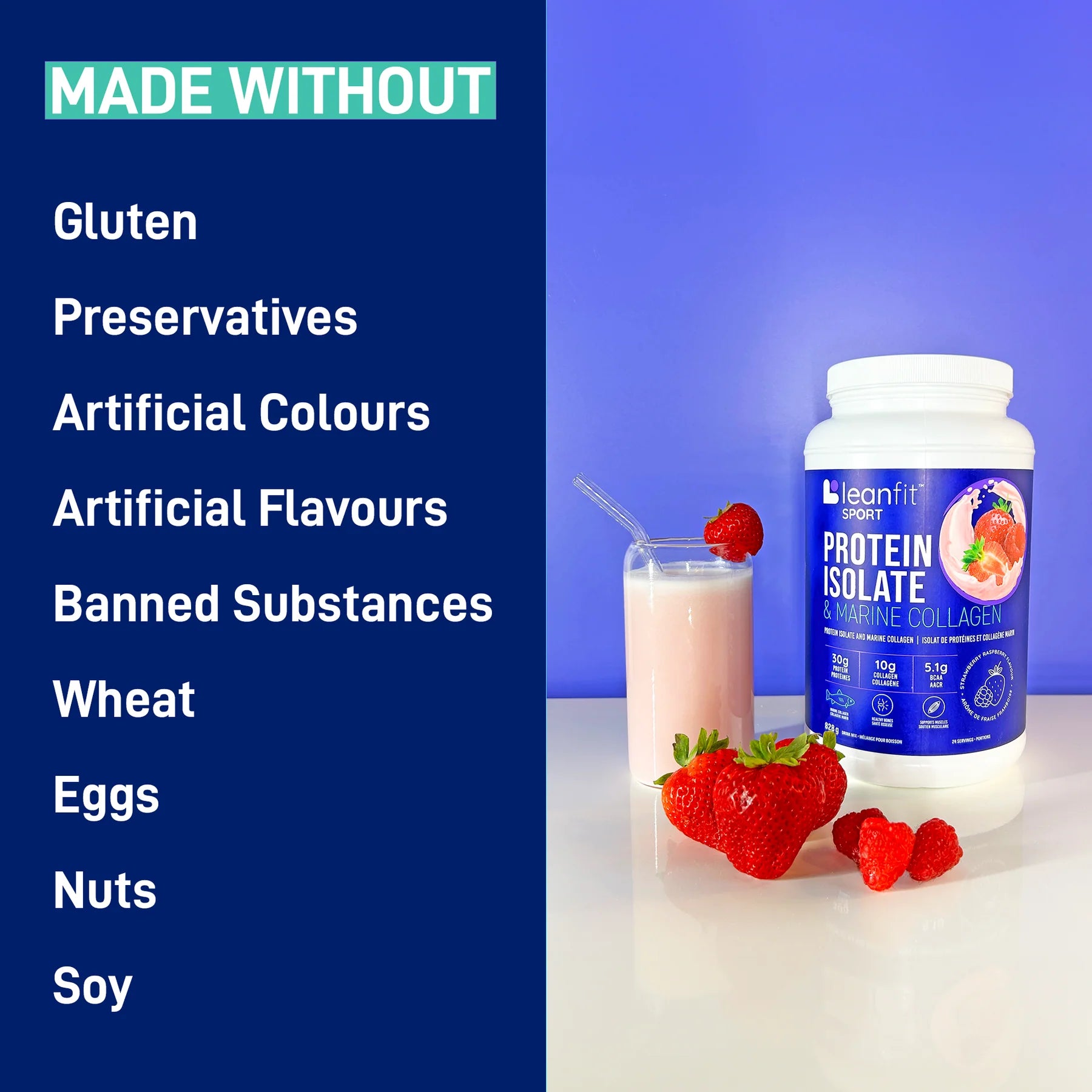 LeanFit Sport Grass-Fed Whey Isolate & Marine Collagen Strawberry Raspberry 828g