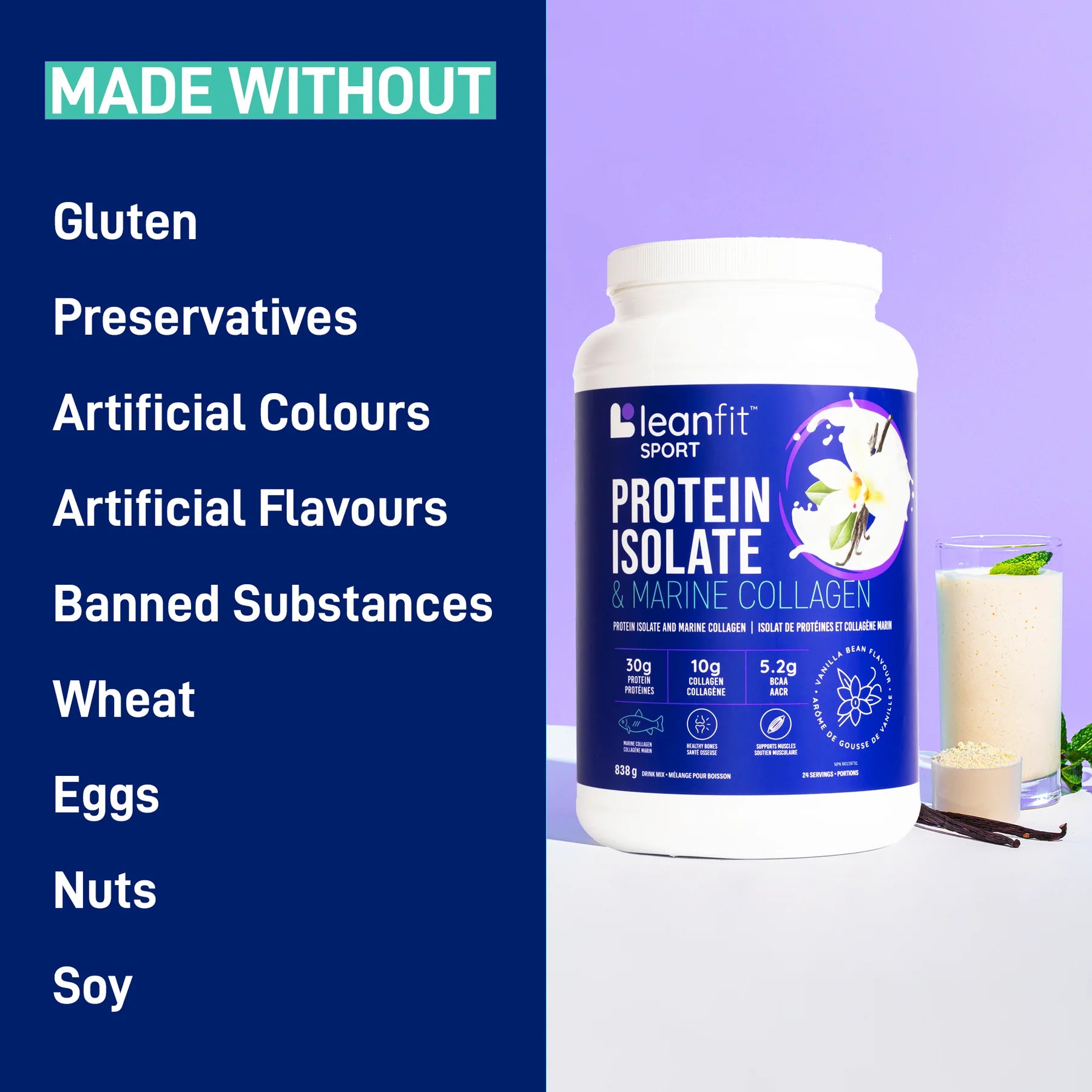 LeanFit Sport Grass-Fed Whey Isolate & Marine Collagen  Vanilla Bean 837g