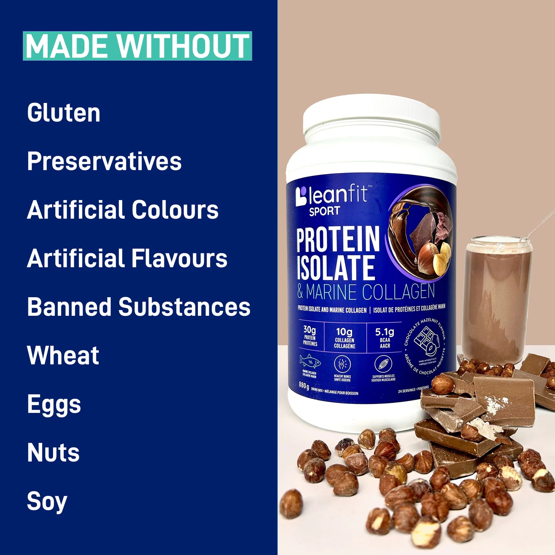 LeanFit Sport Grass-Fed Whey Isolate & Marine Collagen Chocolate Hazelnut 880g