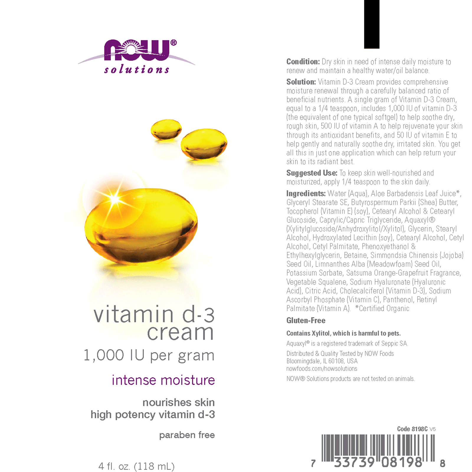 Now Vitamin D3 Cream 1000IU 118ml