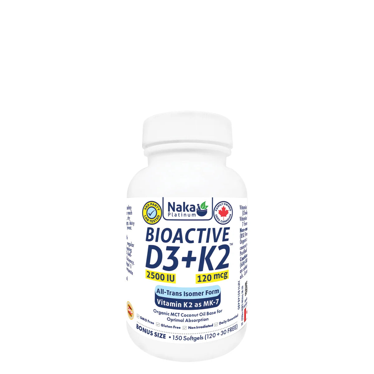 Naka Platinum Bio Active Vitamin D3 2500IU + K2 120mcg 150 Softgels (Bonus size)