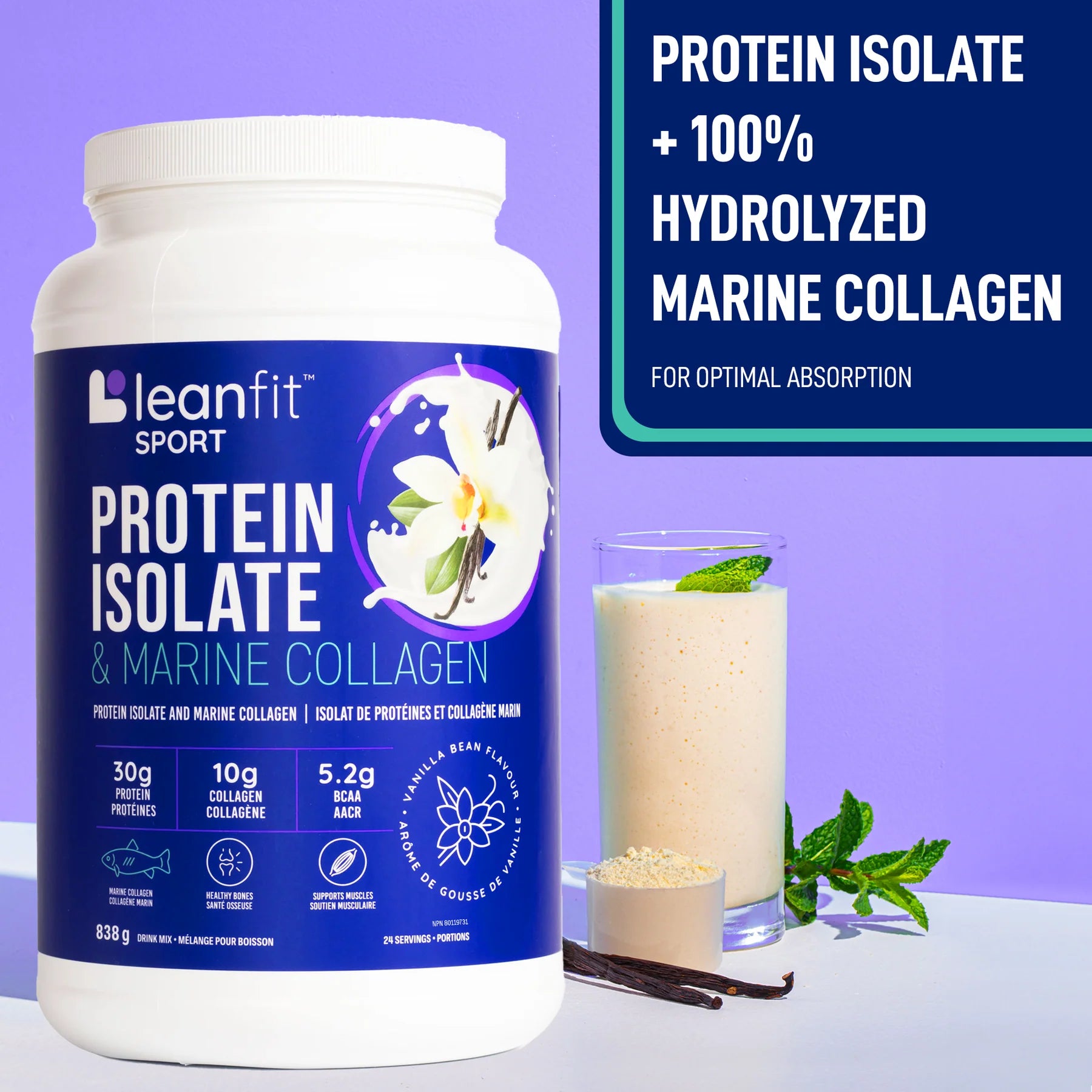 LeanFit Sport Grass-Fed Whey Isolate & Marine Collagen  Vanilla Bean 837g
