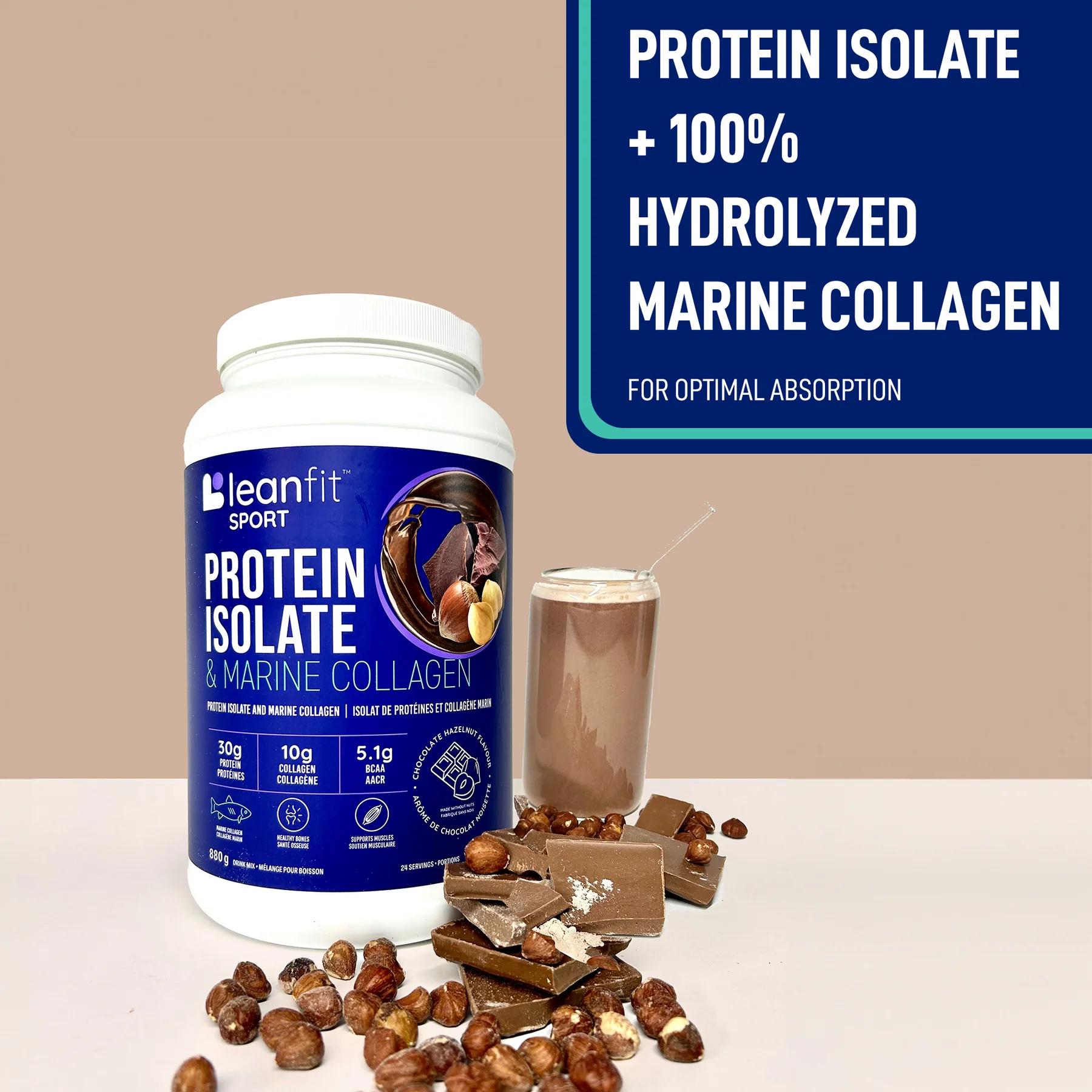 LeanFit Sport Grass-Fed Whey Isolate & Marine Collagen Chocolate Hazelnut 880g