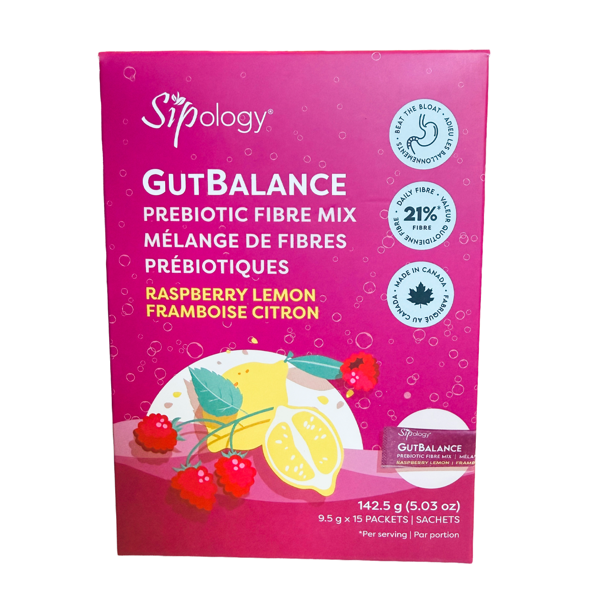Sipology Gut Balance Raspberry Lemon Prebiotic Fibre Mix 15 Packets
