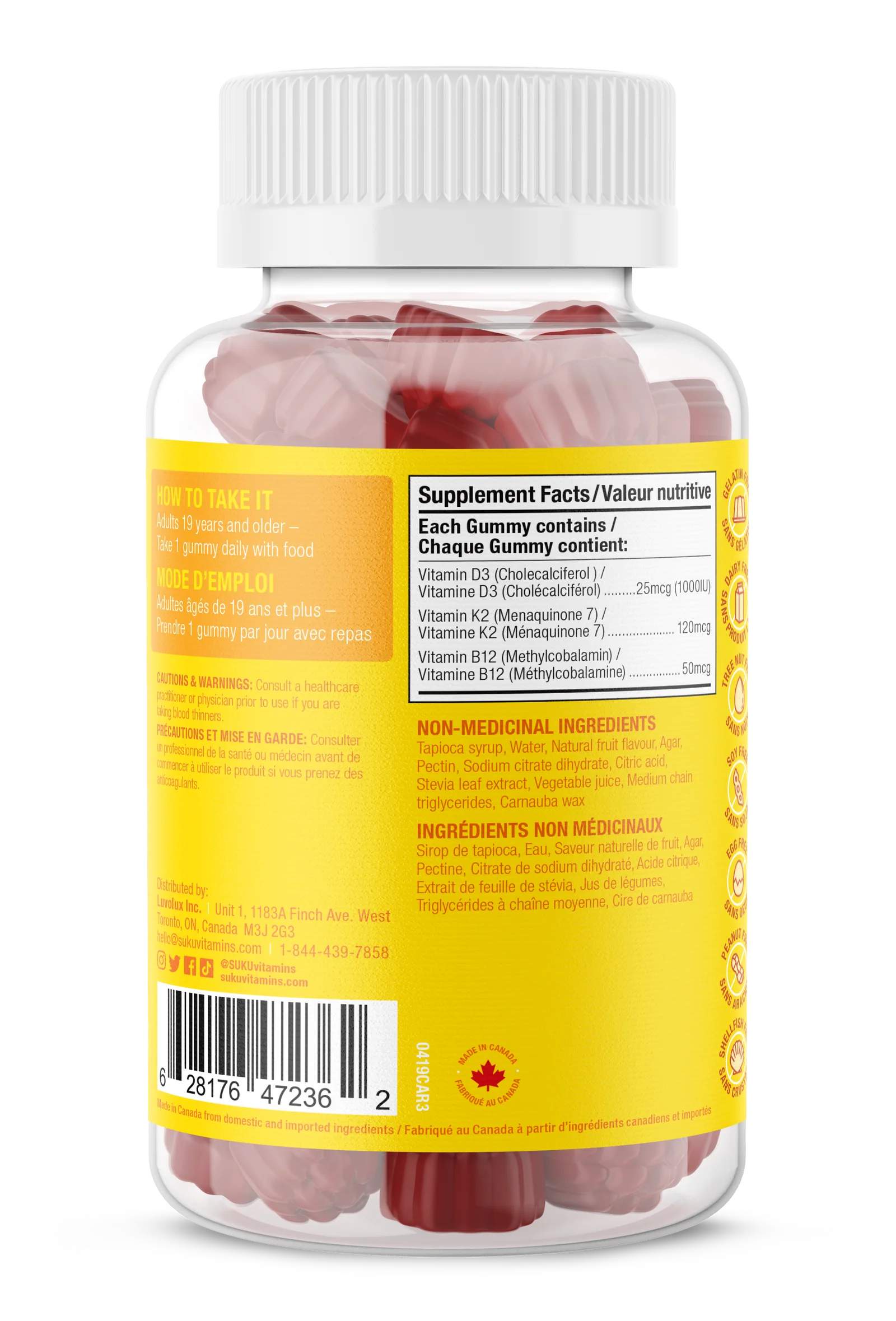 SUKU Vegan Vitamin D3 + K2 + B12 60 Gummies