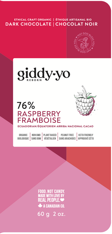Giddy Yo Organic Raspberry 76% Dark Chocolate Bar 62g
