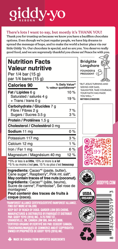Giddy Yo Organic Raspberry 76% Dark Chocolate Bar 62g