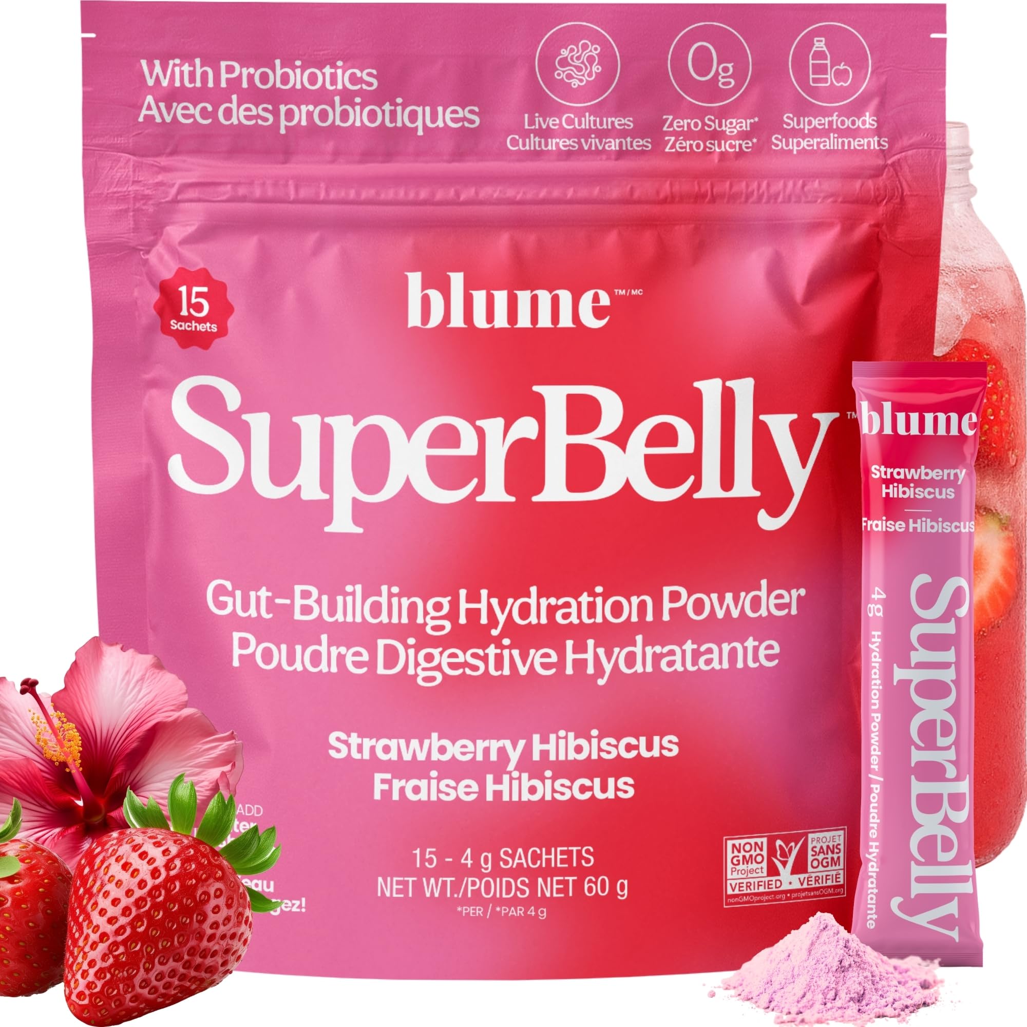 Blume SuperBelly Strawberry Hibiscus Gut-Building Hydration Powder Single Sachet