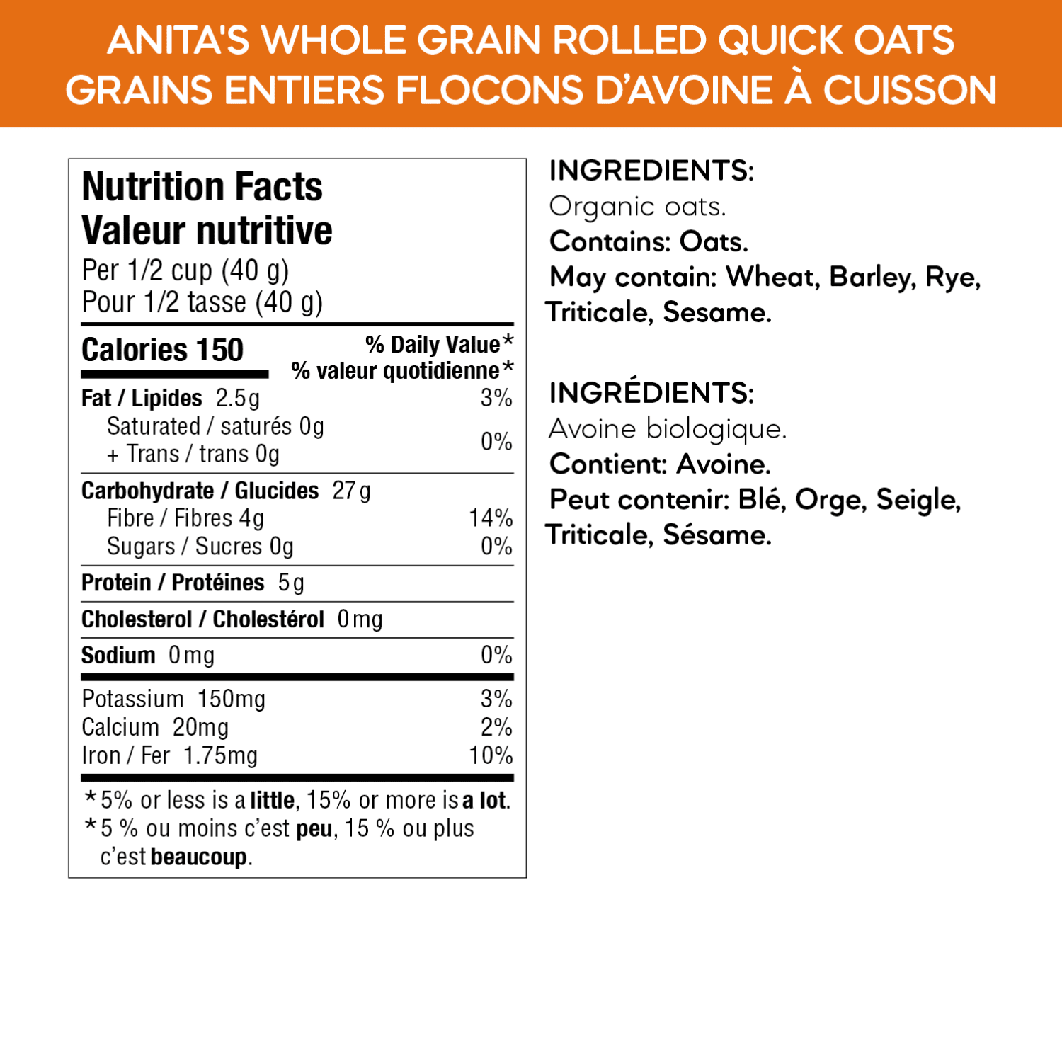 Anita's Organic Mill Organic Whole Grain Rolled Quick Oats 1kg