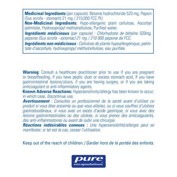 Pure Encapsulations Betaine HCL Pepsin 250 Vegetarian Capsules