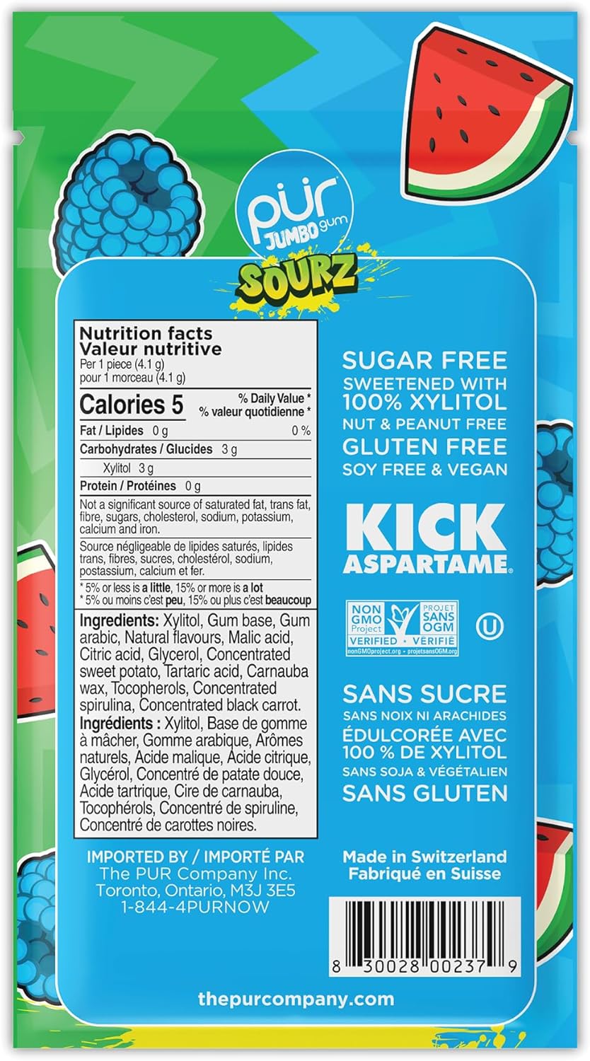 Pur Gum Jumbo Sourz Blue Raspberry & Watermelon 20 Pieces