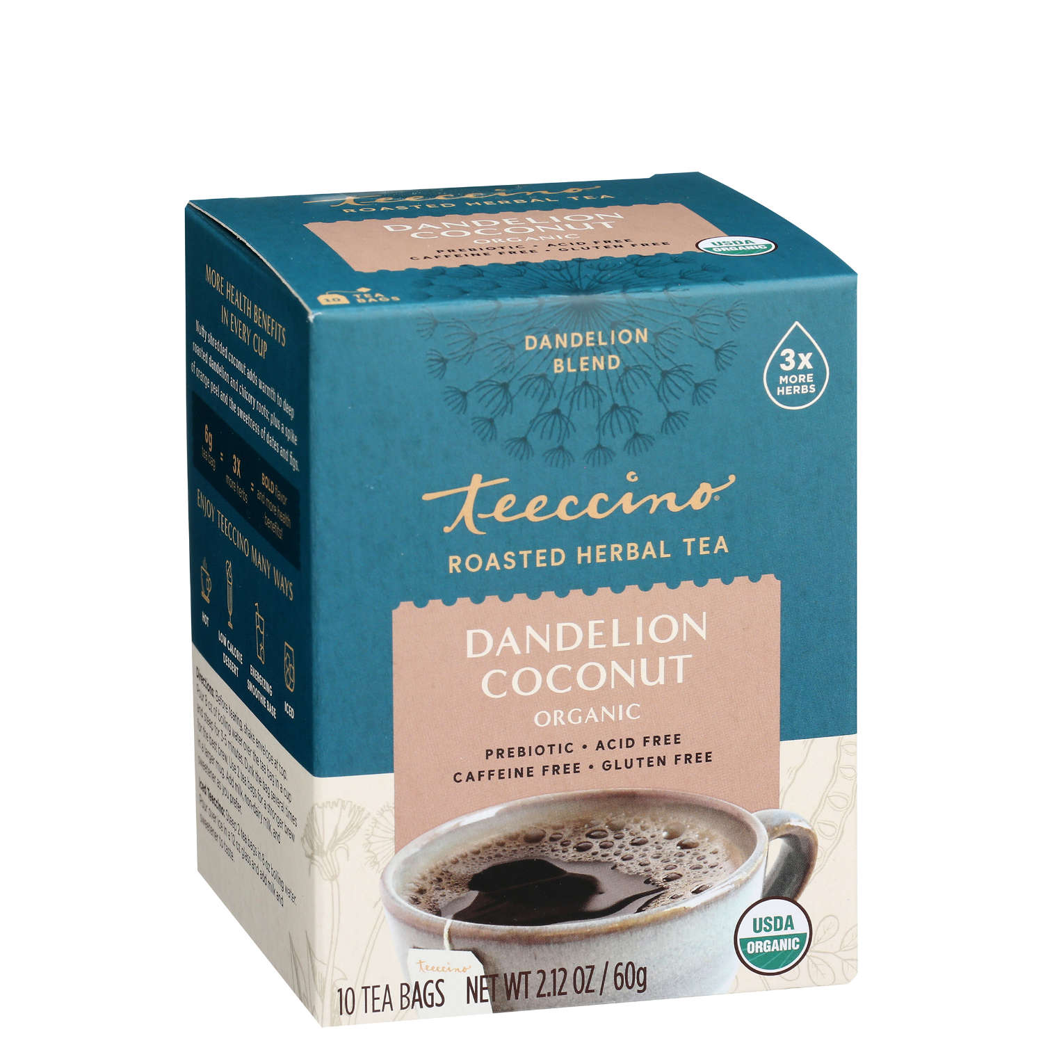 Teeccino Dandelion Coconut Roasted Herbal Tea 10 Tea Bags