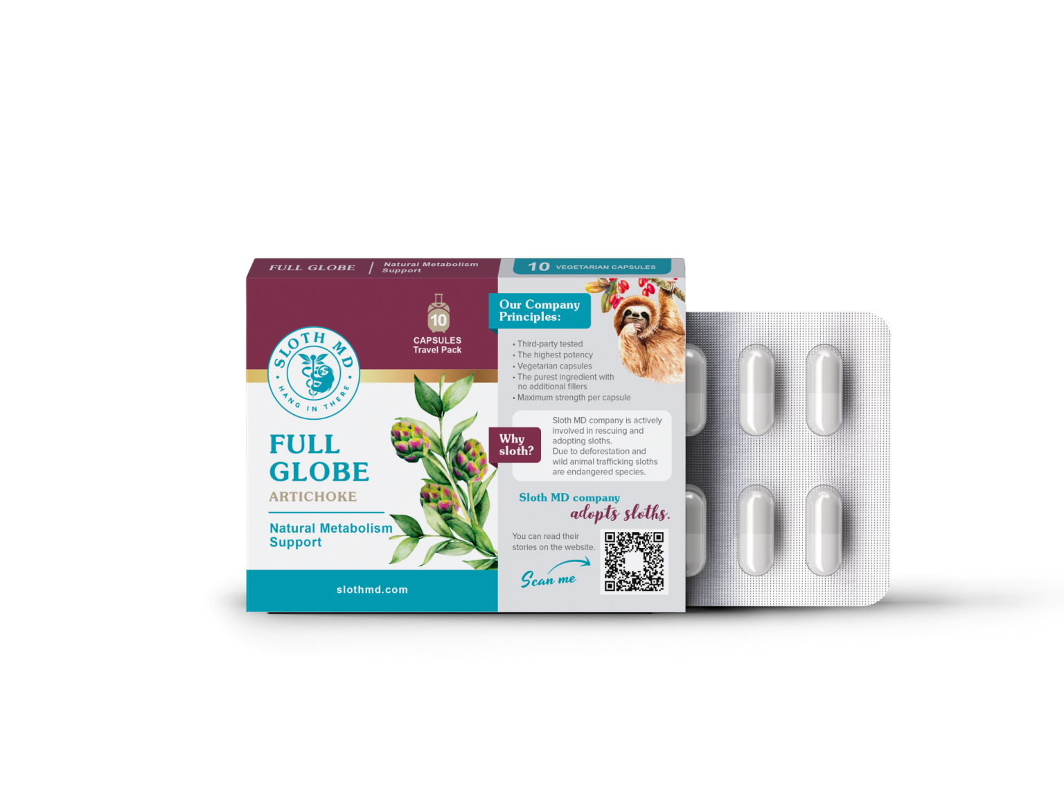 Sloth MD Full Globe Artichoke Travel Pack 10 Vegetarian Capsules