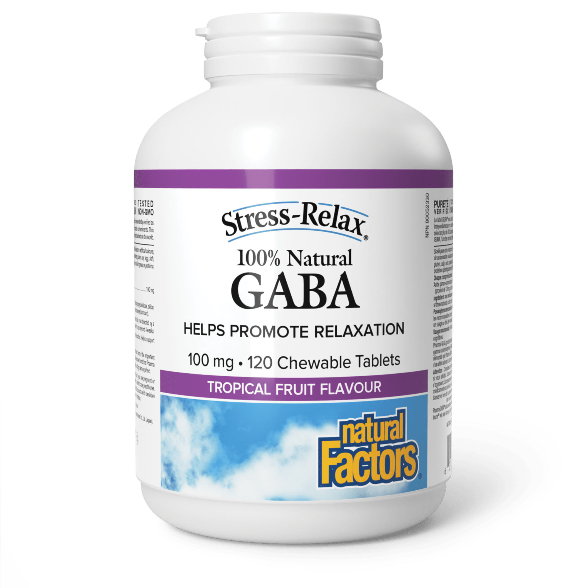 Natural Factors Stress-Relax 100% Natural GABA 100mg 120 Chewable Tablets Tropical Fruit