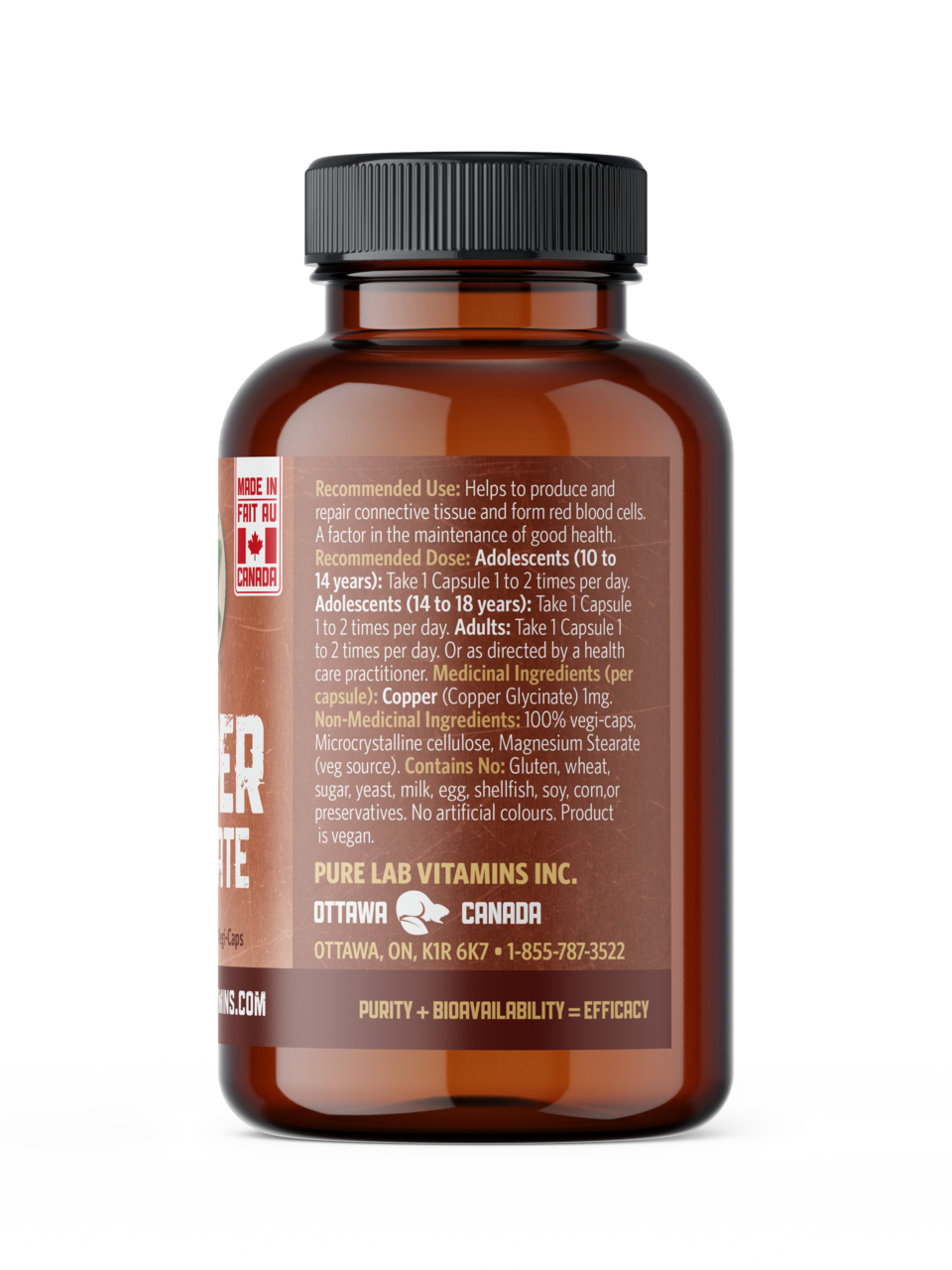 Pure Lab Vitamins Copper Glycinate 1mg 60 Vegetarian Capsules