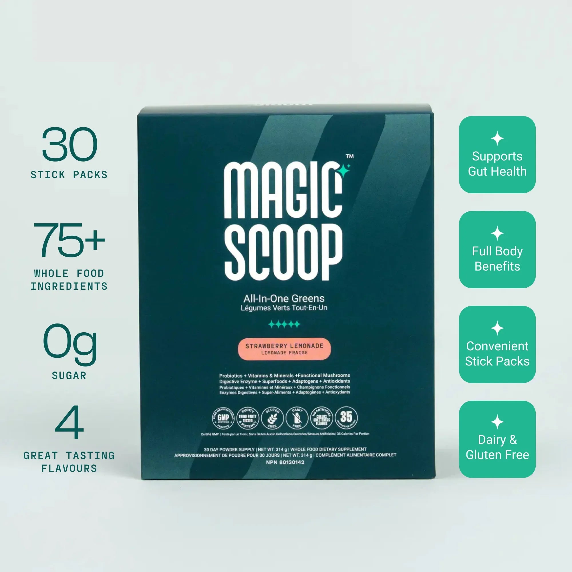 Magic Scoop Strawberry Lemonade All-In-One Greens Superfood Blend 30 Sticks (30 Day Supply)