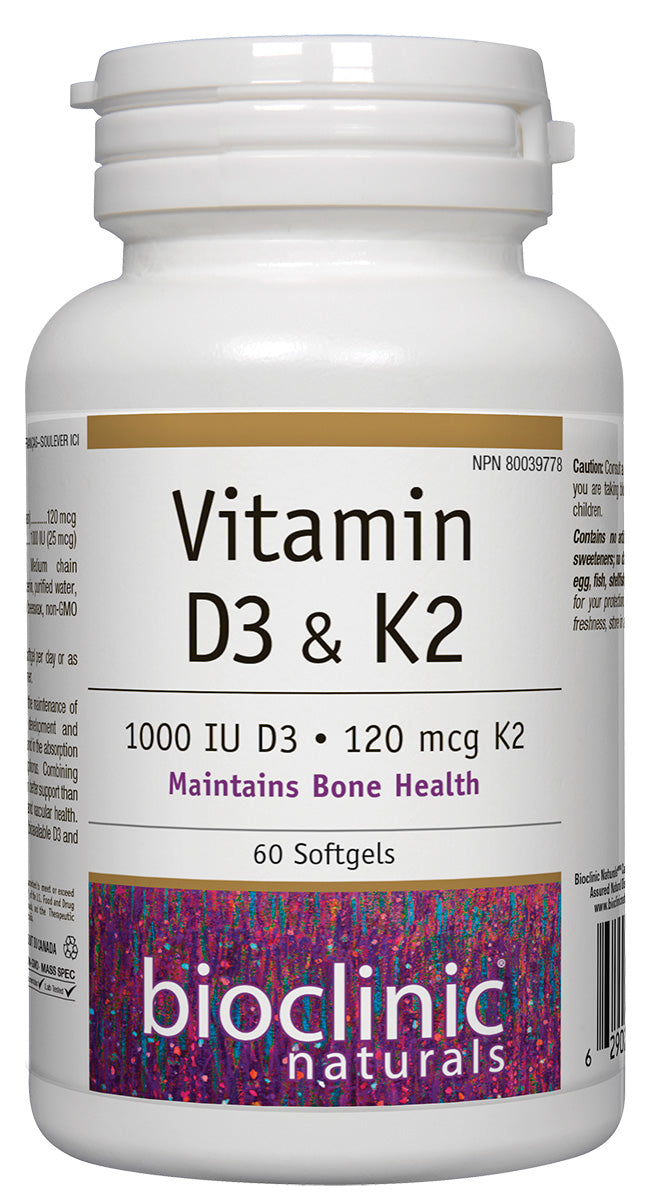 Bioclinic Naturals Vitamin D3 & K2 · 1000 IU D3 · 120 mcg K2 60 Softgels
