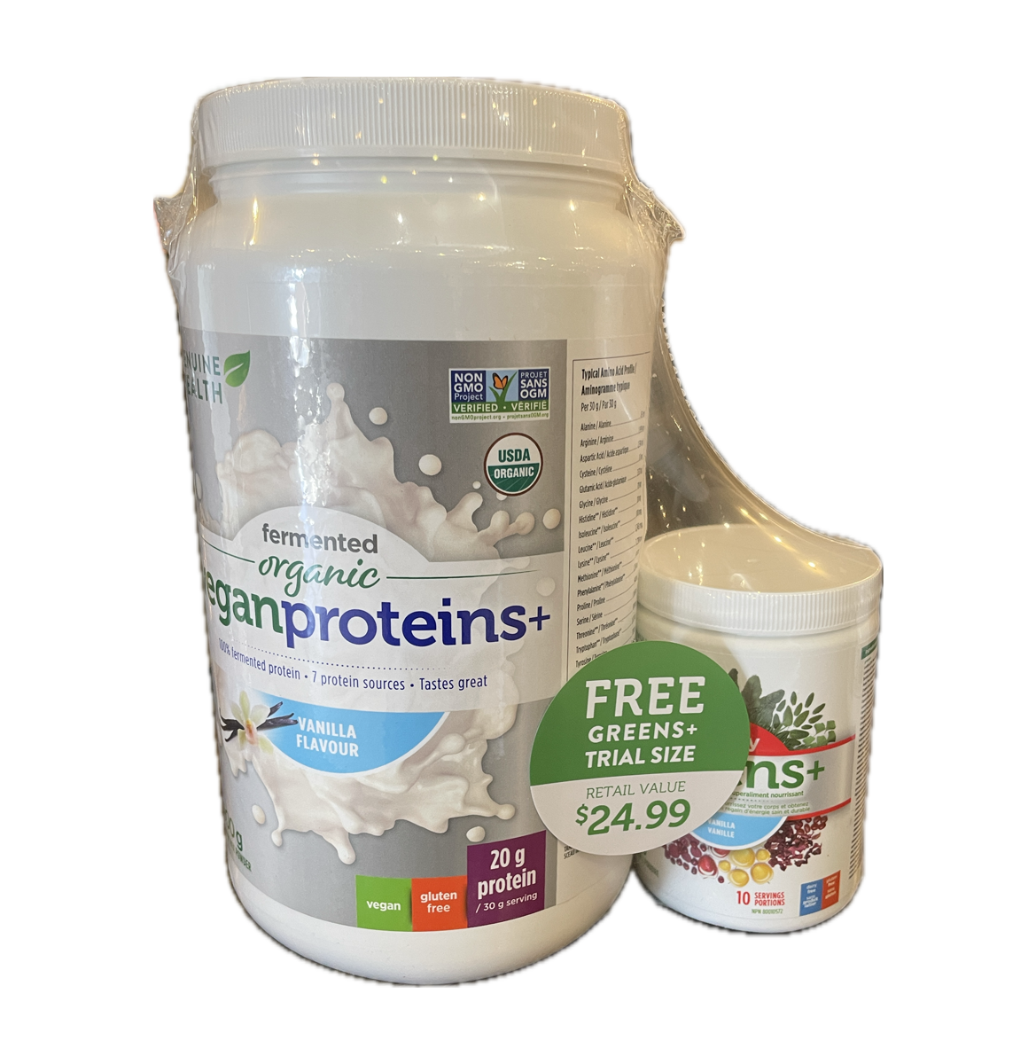 Genuine Health Org. Fermented Vegan Proteins+ Vanilla 900G + BONUS Vanilla greens+ Extra Energy 148g