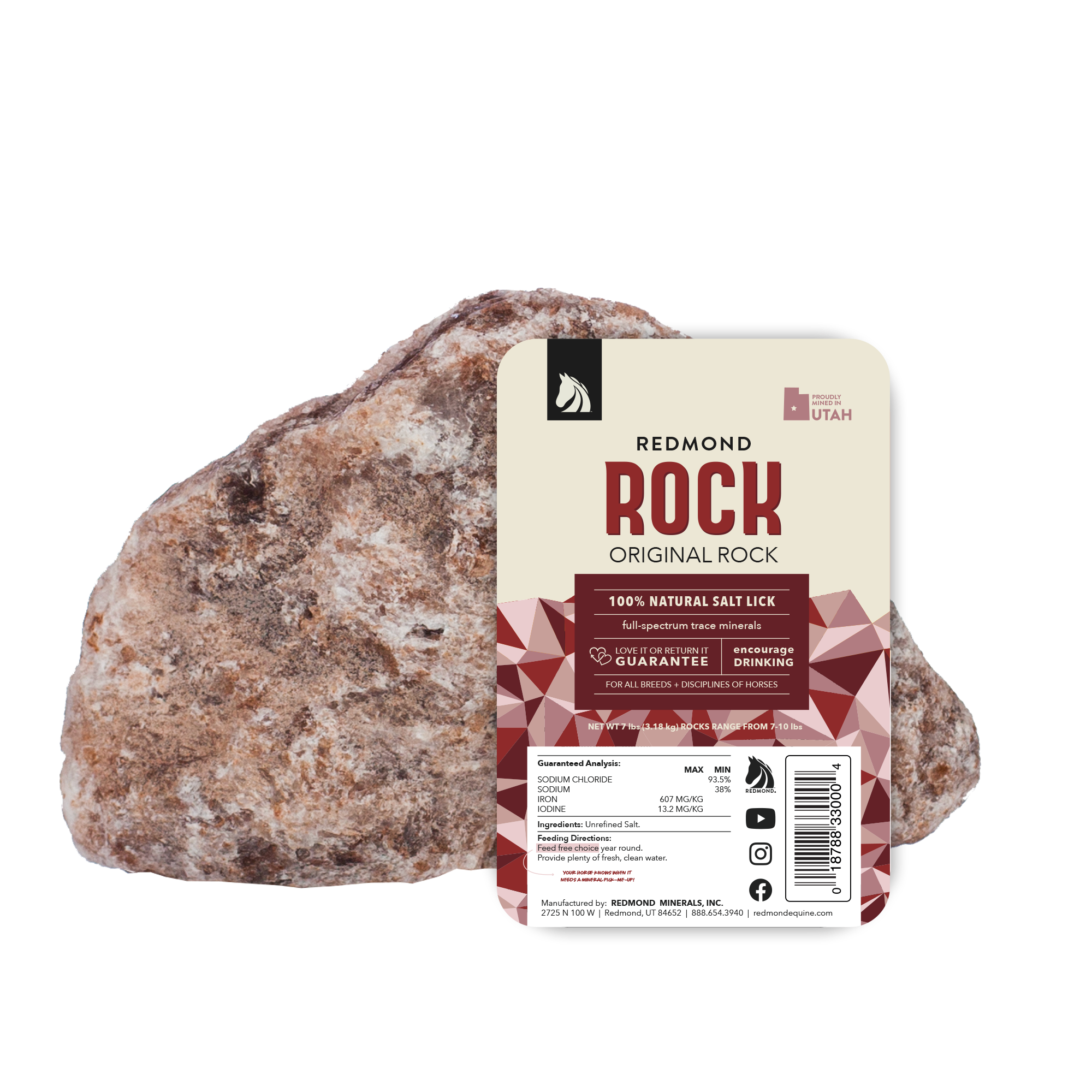 Redmond Rock Unrefined Salt Block for Horses (Mineral Salt Lick)  7- 10 lbs