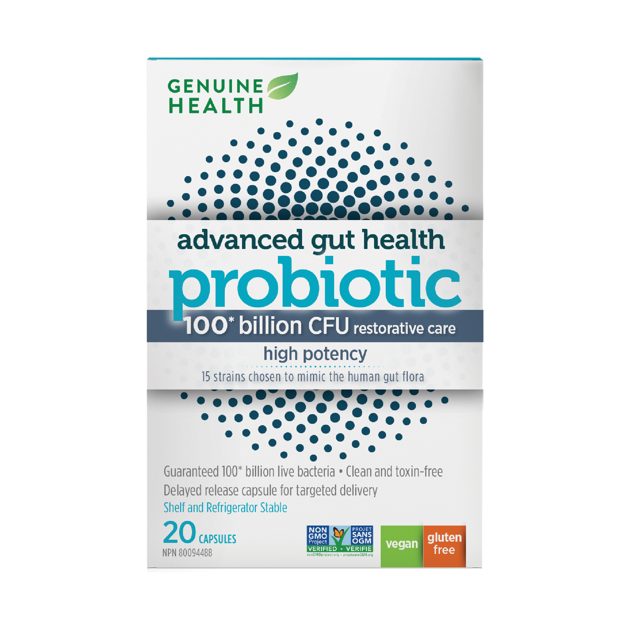 Genuine Health Advanced Gut Health Probiotic High Potency Restorative Care 20 Vegan Capsules