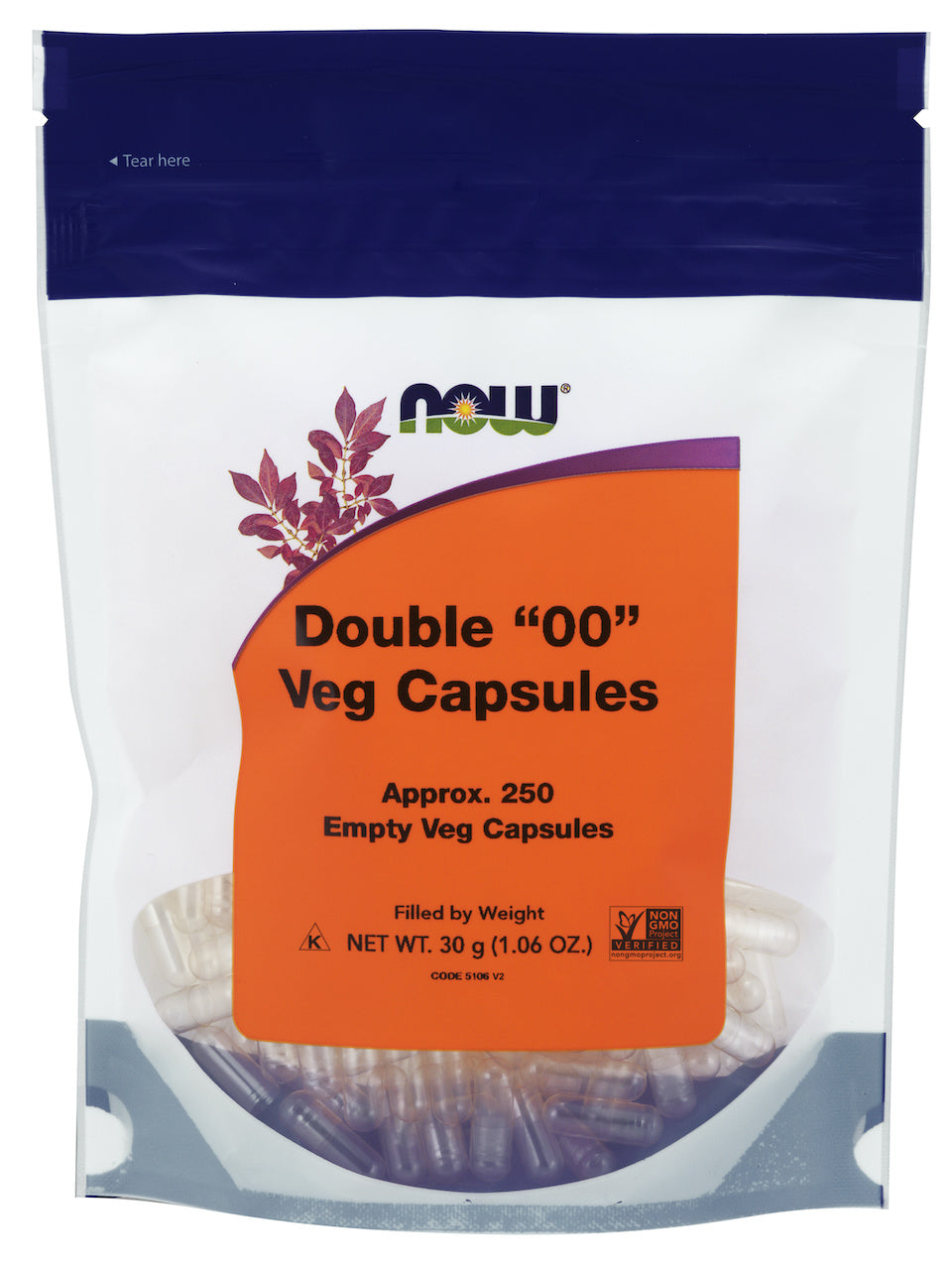 Now Double "00" Veg Capsules Non-Gelatin 250 Vegetarian Capsules