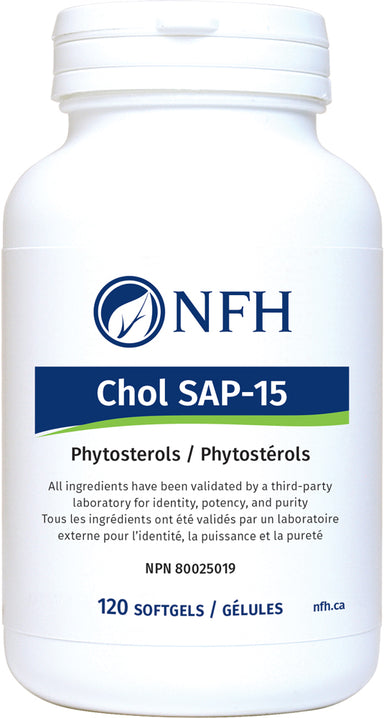 SCIENCE-BASED PLANT STEROLS FOR CHOLESTEROL MANAGEMENT AND IMMUNE SUPPORT  NFH Chol-SAP 120 Softgels  Description  Chol SAP‑15 contains plant sterols in a natural nonesterified form that helps in lowering total and LDL-cholesterol levels and maintaining healthy blood lipid levels. Evidence shows that LDL-cholesterol and total cholesterol concentrations can be decreased between 8 and 15% with intakes of plant sterols of 1.05 g/d.