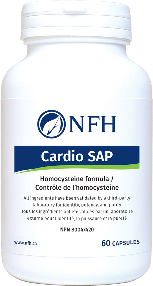 SCIENCE-BASED B VITAMINS AND BETAINE FOR HOMOCYSTEINE CONTROL  NFH Cardio SAP 60 Vegetarian Capsules  Description  A high level of homocysteine in circulation is an independent risk factor for the development of disability and death from cardiovascular disease (CVD) including stroke. CVD risk increases proportionately by 6 to 7% with every 1 µmol/L increase in blood homocysteine.