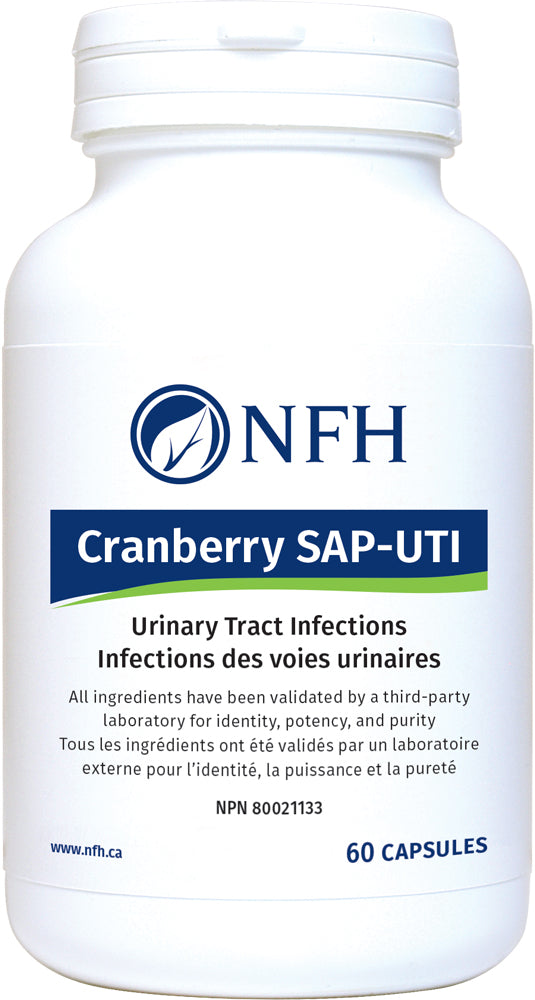 SCIENCE-BASED CRANBERRY (WHOLE BERRY) CONCENTRATE FOR UTI PREVENTION  NFH Cranberry SAP‑UTI 60 Vegetarian Capsules  Description  Native to North America, cranberries have been used as a medicinal agent for centuries. Cranberries contain proanthocyanidins, which have been shown to inhibit the fimbrial adhesion of bacteria, including Escherichia coli, to the urinary tract epithelium, hence preventing bacterial proliferation and infection.
