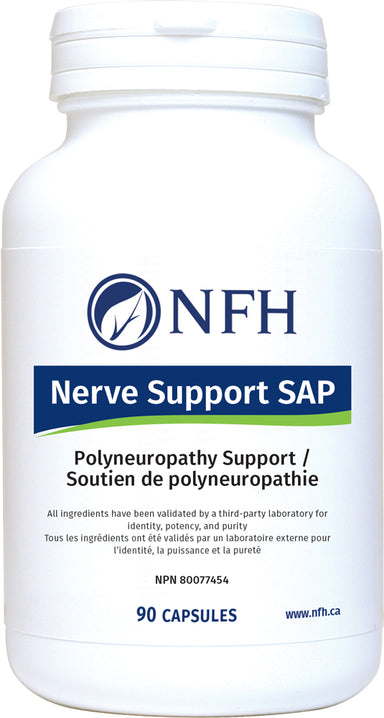 SCIENCE-BASED FORMULATION FOR NERVE HEALTH  NFH Nerve Support SAP 90 Vegetarian Capsules  Description  Peripheral nerves make up an intricate network that connects the brain and spinal cord to the muscles, skin, and internal organs. Diffuse damage to the peripheral nerve fibres results in peripheral neuropathy and diabetes is the commonest cause of painful peripheral neuropathy.