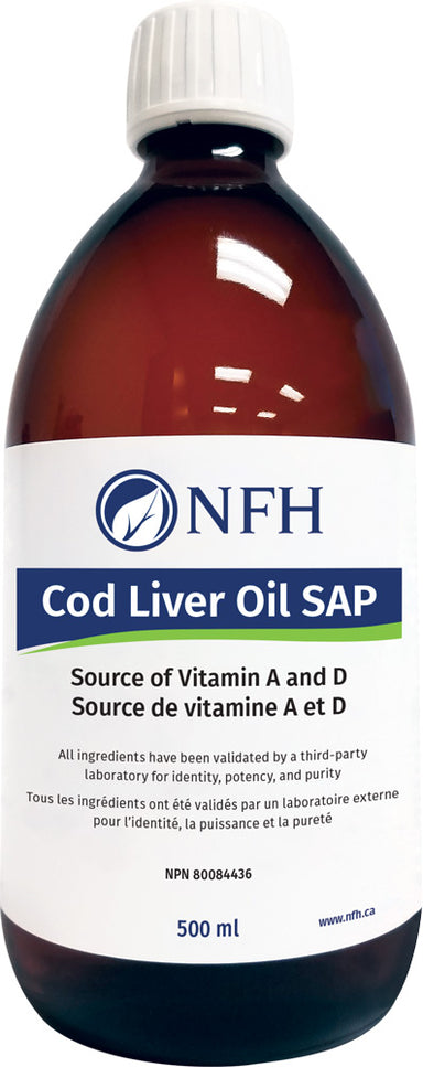 SCIENCE-BASED COD LIVER OIL FOR OPTIMAL HEALTH  NFH Cod Liver Oil SAP 500 ml  Description  Cod Liver Oil SAP is a source of vitamin A and D and a rich source of eicosapentaenoic acid (EPA) and docosahexaenoic acid (DHA). Cod Liver Oil SAP  helps maintain eyesight, skin membranes and immune function.