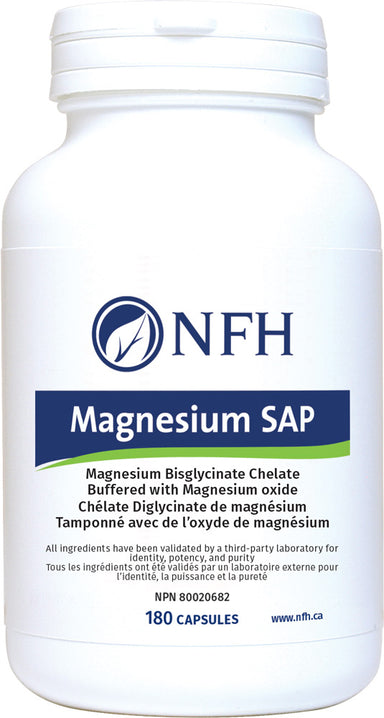 SCIENCE-BASED MAGNESIUM BISGLYCINATE FOR ENHANCED BIOAVAILABILITY  NFH Magnesium SAP 180 Vegetarian Capsules  Description  Magnesium deficiency is one of the most common mineral deficiencies in North America. It can contribute to a multitude of symptoms and long-term health concerns.