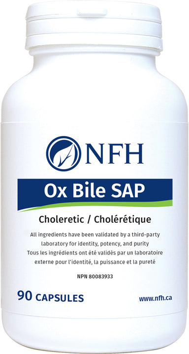SCIENCE-BASED BILE FLOW (CHOLERETIC) SUPPORT  NFH Ox Bile SAP 90 Capsules  Description  Bile is a fluid excreted by hepatocytes to aid digestion. Bile performs several vital functions such as excretion of lipid soluble toxins, emulsification of dietary fats to aid in their absorption, cholesterol metabolism, excretion of immunoglobulin A and inflammatory cytokines to initiate an immune response, facilitation of enterohepatic circulation including the transport of hormones and pheromones.