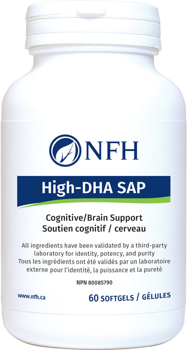 SCIENCE-BASED HIGH-DOSE DHA FOR OPTIMAL PRENATAL AND POSTNATAL HEALTH  NFH High‑DHA SAP (600 mg DHA, 120 mg EPA/softgel) 60 Softgels  Description  Research evidence supports the positive role of omega-3 polyunsaturated fatty acids, especially high docosahexaenoic acid (DHA), and a sufficient amount of eicosapentaenoic acid (EPA) in fetal and newborn neurodevelopment.