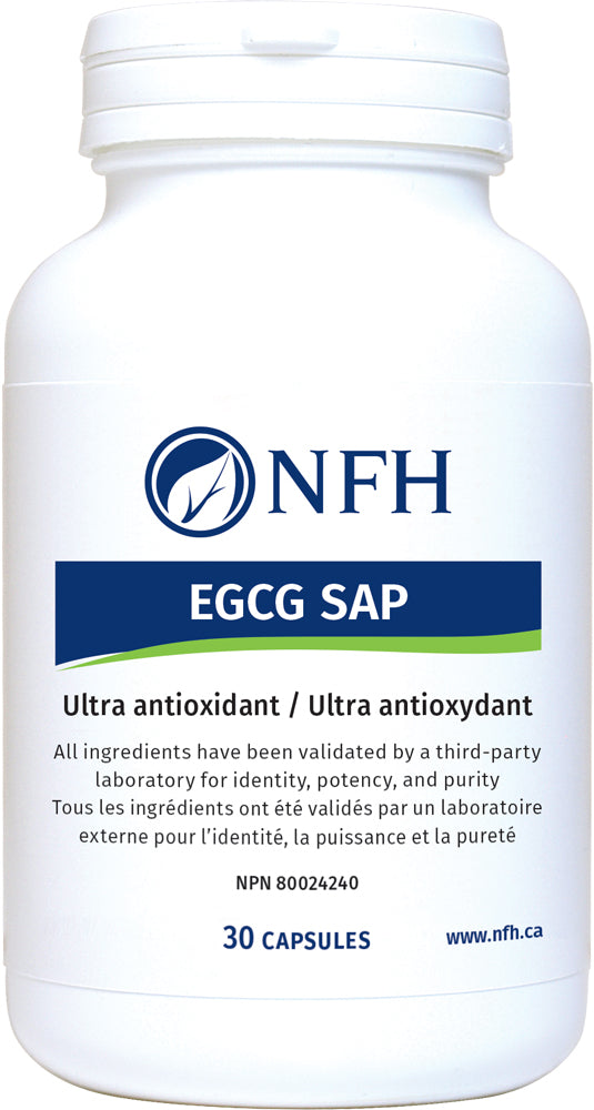 SCIENCE-BASED ULTRA ANTIOXIDANT FROM GREEN TEA, BERRIES, GRAPES, AND TOMATOES  NFH EGCG SAP 30 Vegetarian Capsules  Description  Consuming green tea has been associated with lowered risk of several types of human cancers and cardiovascular disease. Epigallocatechin gallate (EGCG), a potent natural antioxidant, is the major chemopreventive agent in green tea.