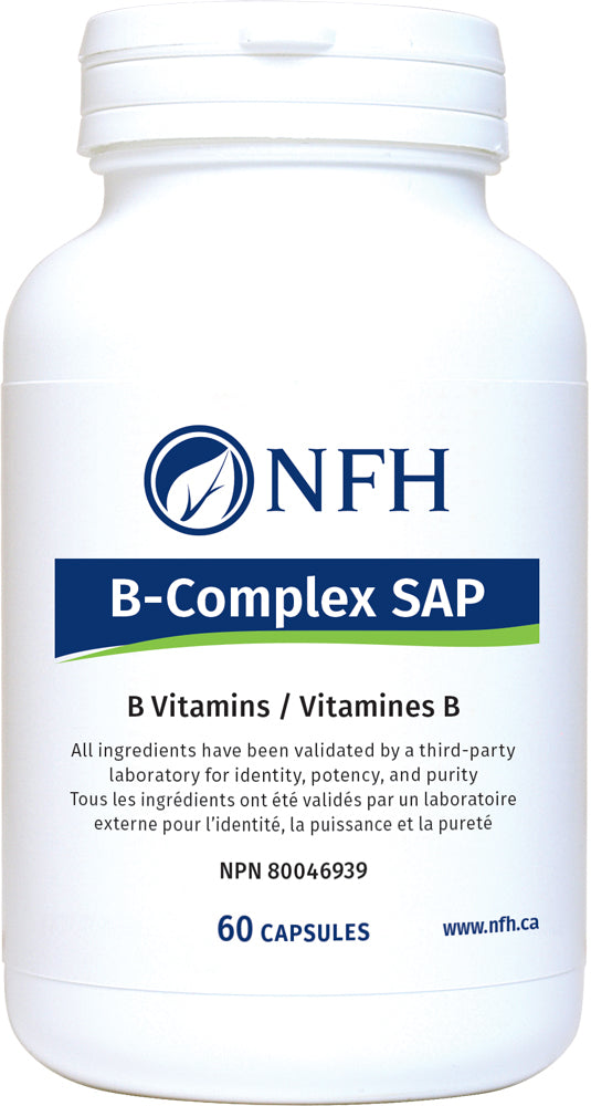 SCIENCE-BASED B VITAMINS; ENZYME FORMS OF B2 AND B6 IN VEGETABLE CAPSULES  NFH B-Complex SAP 60 Vegetarian Capsules  Description  B‑Complex SAP is a sophisticated combination of essential B vitamins designed to increase energy production and support cardiovascular health. B vitamins are water-based coenzymes that assist the process of energy production throughout the entire body, and help maintain healthy skin, hair, eyes, liver, mouth, muscle tone, and the gastrointestinal tract.