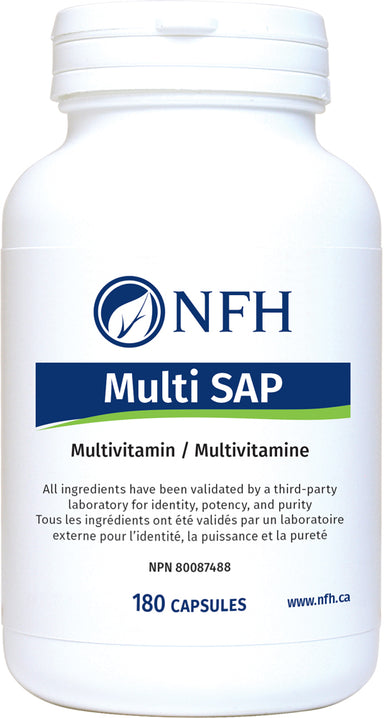 SCIENCE-BASED, ESSENTIAL MULTIVITAMIN IN NON-GMO VEGETABLE CAPSULES  NFH Multi Sap (Multivitamin) 180 Vegetarian Capsules  Description  Research indicates that several of the nutrients found in a multivitamin supplement play important roles in preventing chronic diseases like heart disease, cancer, and osteoporosis.
