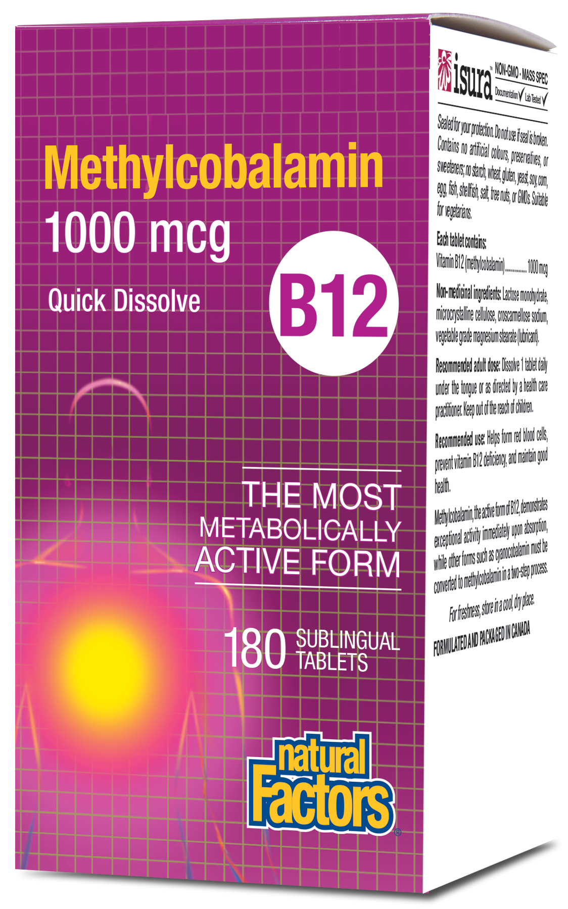 Natural Factors Vitamin B12 Methylcobalamin 1000mcg 180 Sublingual Tablets Quick Dissolve