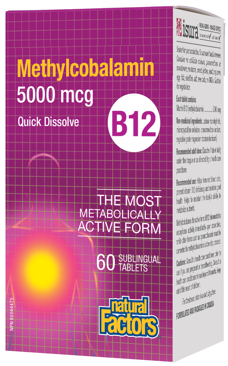 Natural Factors Vitamin B12 Methylcobalamin 5000mcg 60 Sublingual Tablets Quick Disolve